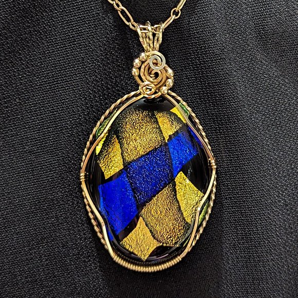 Rula Glass Jewelry - Wow Large Gold & Royal Blue DICHROIC 14k Gold-Filled Wire-Wrapped Glass Pendant